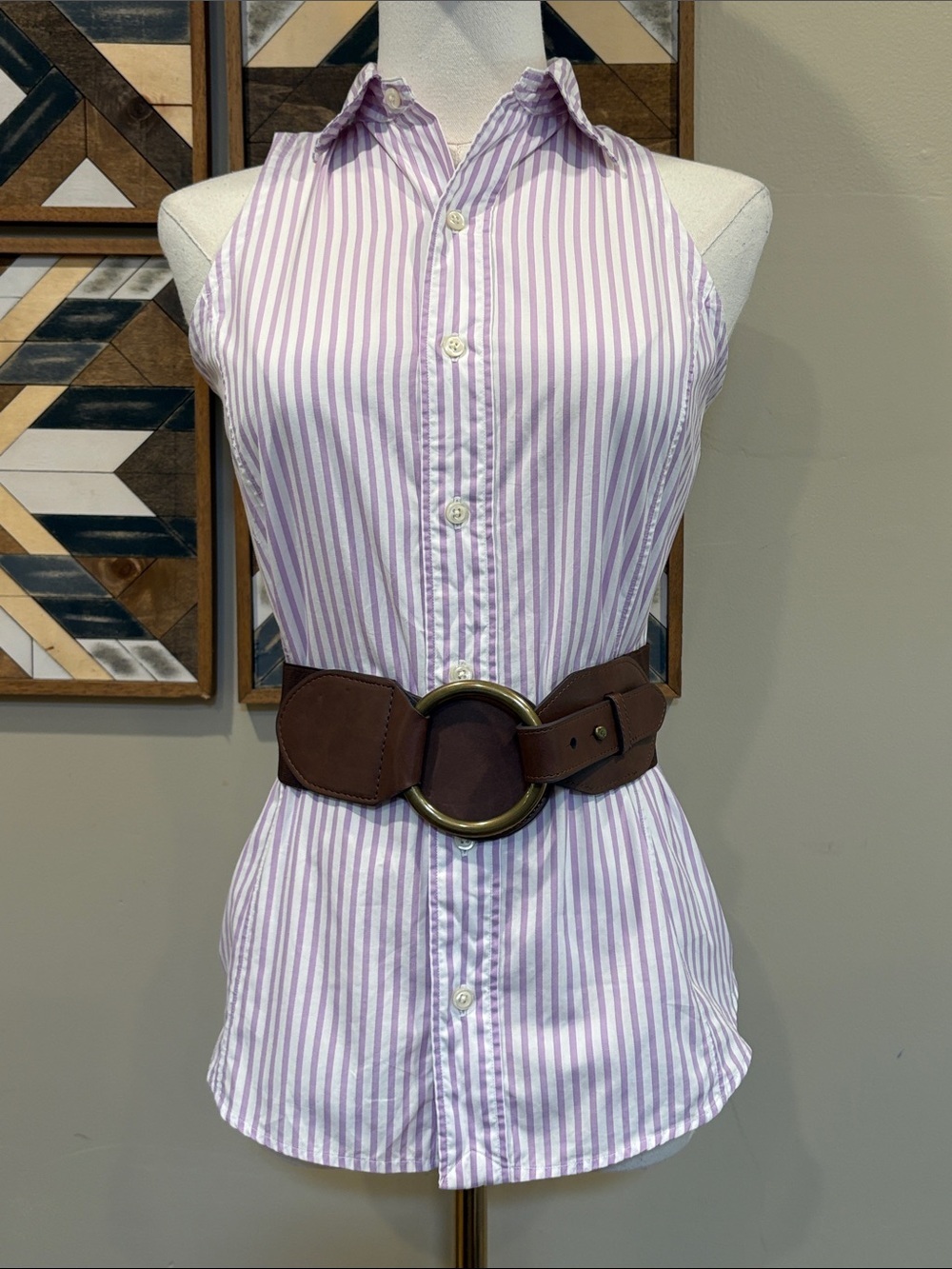Vintage Ralph Lauren Lavender and White Striped Sleeveless Cotton Button-Up Top